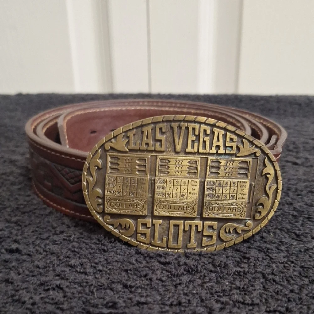 Pacific Brass And Buckle Las Vegas Slots Buckle-Brown Leather Embossed Belt